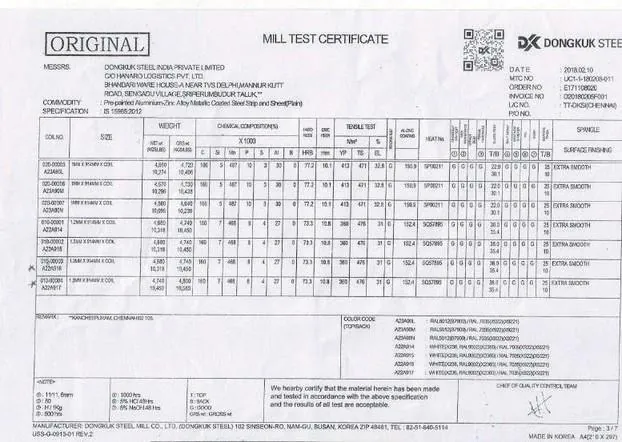 Mill test certificate for roofing steel